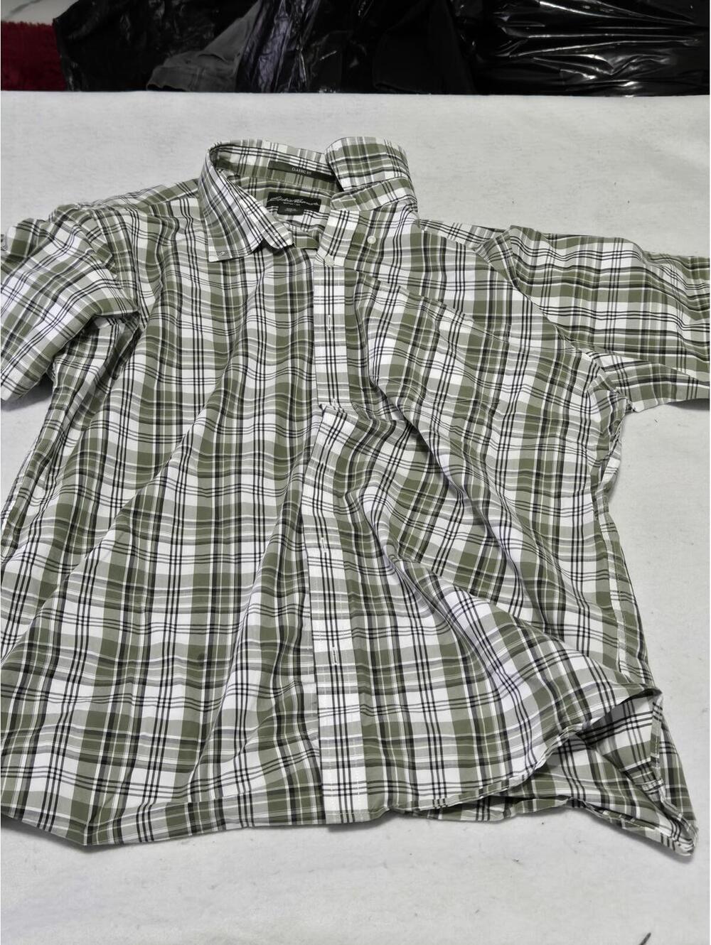 Eddie Bauer Classic Fit Green and White Plaid Button-Up Shirt